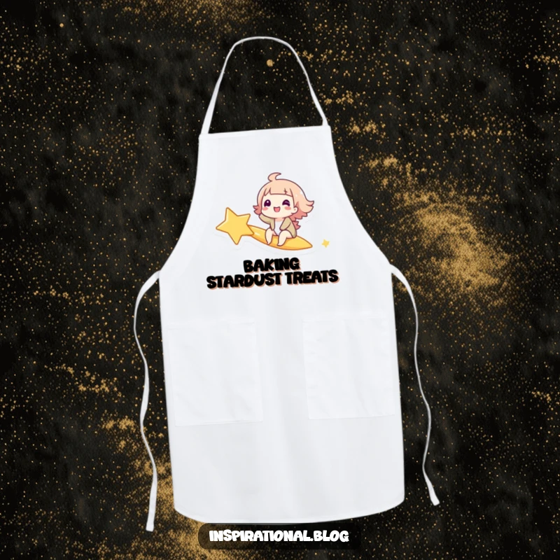Funny apron showing a giggling character on a shooting star, perfect for cooking with wonder and a humorous flair.