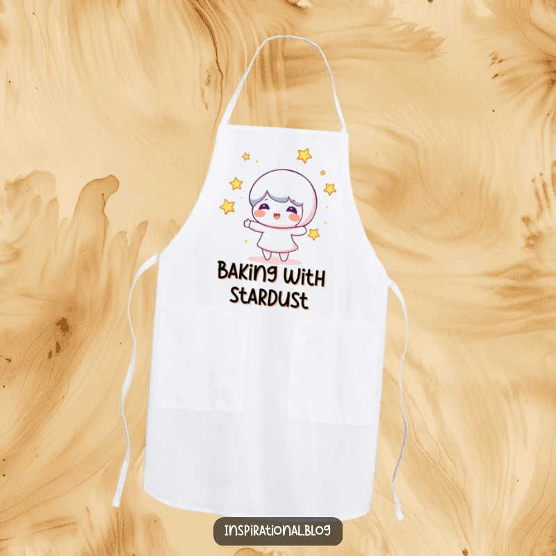 Funny apron showing a beaming character juggling glowing stars, perfect for a chef who loves cosmic fun in the kitchen.