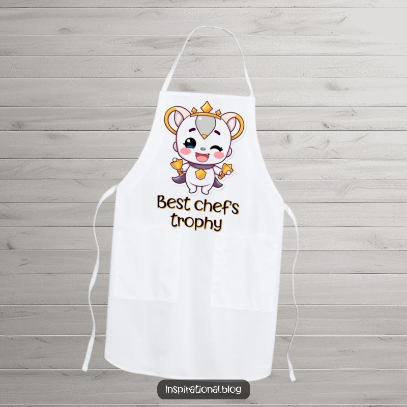 Funny Trophy Character beaming with pride on a kitchen apron, a symbol of culinary victory and cheerful accomplishment.