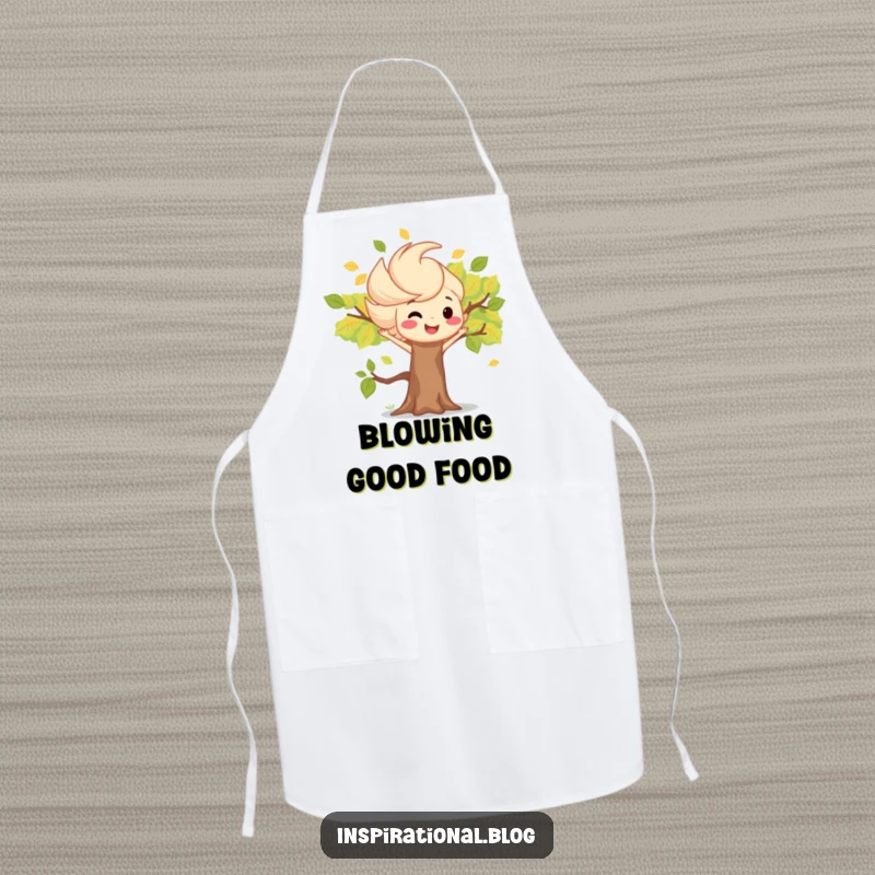 Funny apron with a playful wind gust character scattering leaves near a happy smiling tree, perfect for the kitchen.