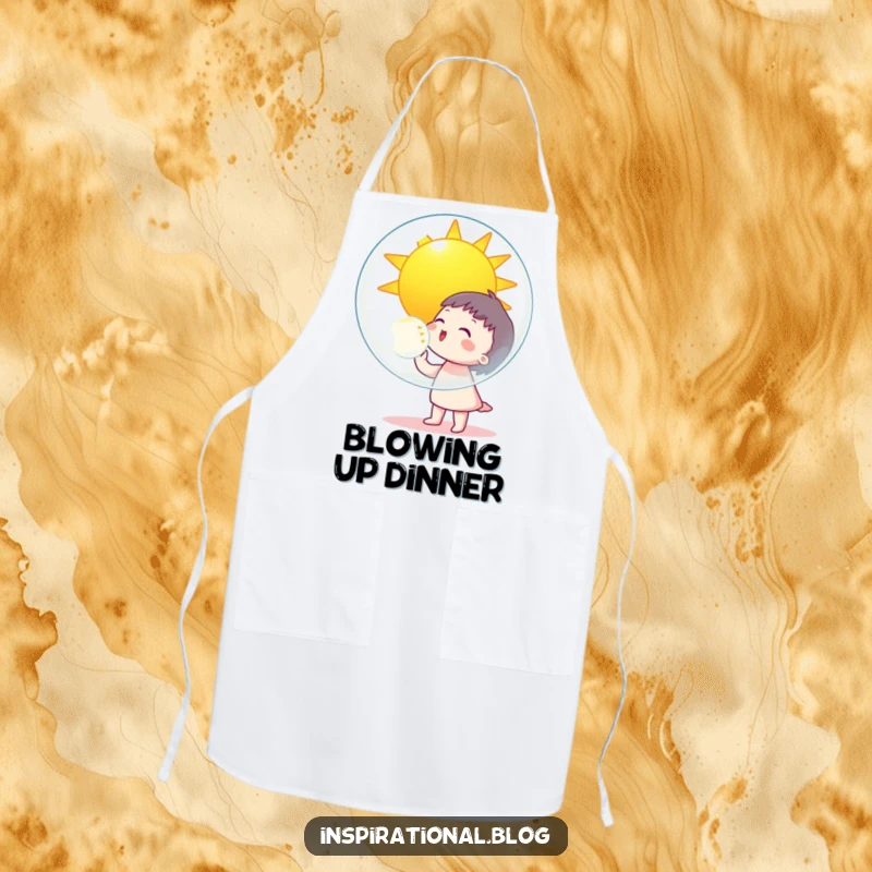 Funny character blowing a giant bubble reflecting a smiling sun, depicted on an apron for kitchen cheer.