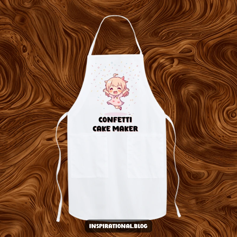 Funny apron showing a character dancing energetically, showered by colorful confetti, perfect for a chef who loves to party.