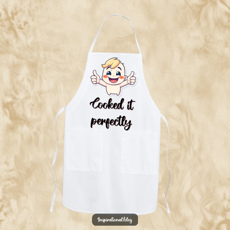 Funny Apron: A tiny, energetic character with a wide grin gives a double thumbs-up, perfect for cheerful cooking.