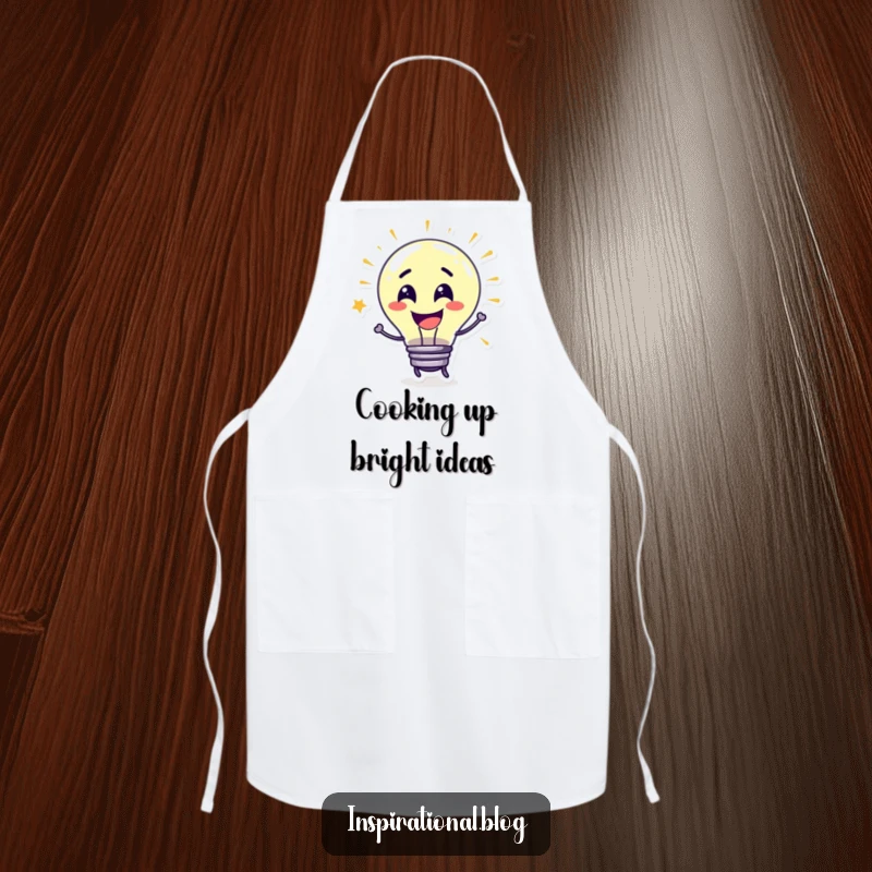 Funny Apron with a grinning lightbulb character bursting with ideas, perfect for chefs and creative cooks.