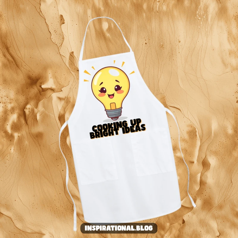 Funny apron with a smiling lightbulb character symbolizing a bright idea, perfect for kitchen creativity.