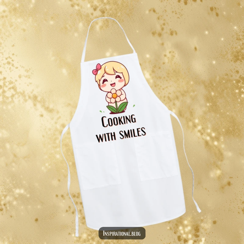 Funny apron showing a happy character planting a smiling flower, perfect for a cheerful cooking experience.