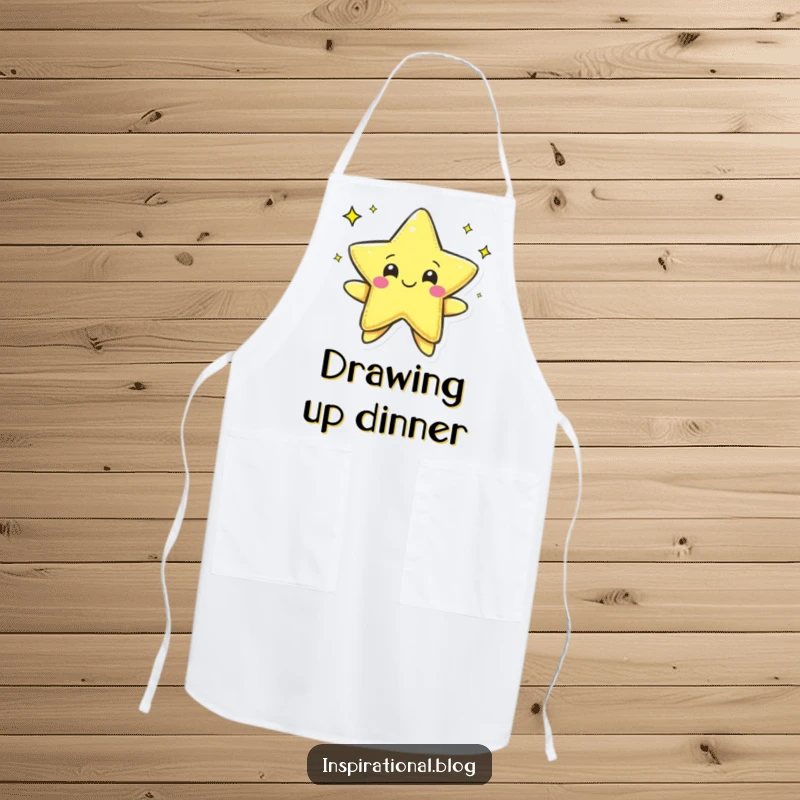 Funny apron showing a pen character happily drawing a star, ideal for a humorous and creative cooking experience.