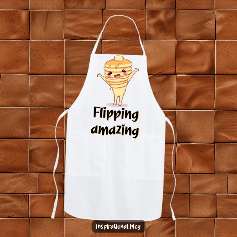 Funny apron depicting a wobbly stack of pancakes attempting a handstand, perfect for cooking with a humorous breakfast theme.