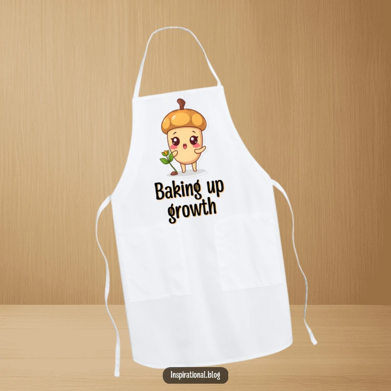 Funny apron featuring a surprised acorn character sprouting a happy sprout, perfect for cooking.