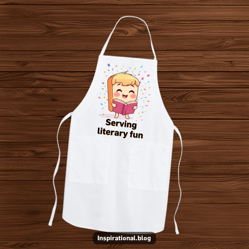 Funny Apron with a smiling book character launching colorful confetti, perfect for kitchen fun and literary chefs.