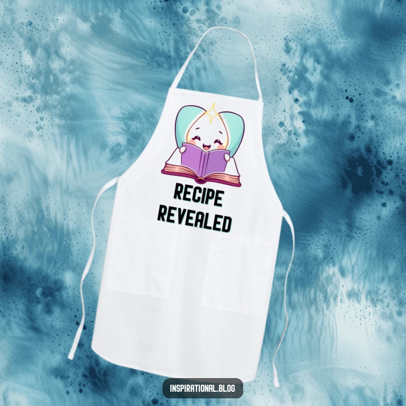 Funny smiling book character on an apron, revealing light for kitchen magic.