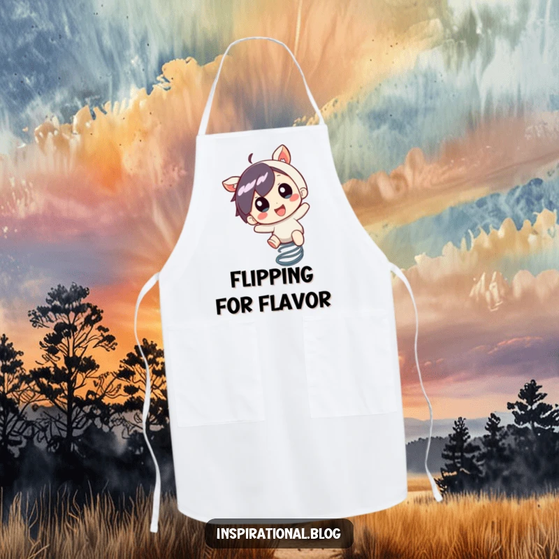 Funny Apron: A little character bounces on a spring with pure excitement, perfect for fun and energetic cooking.
