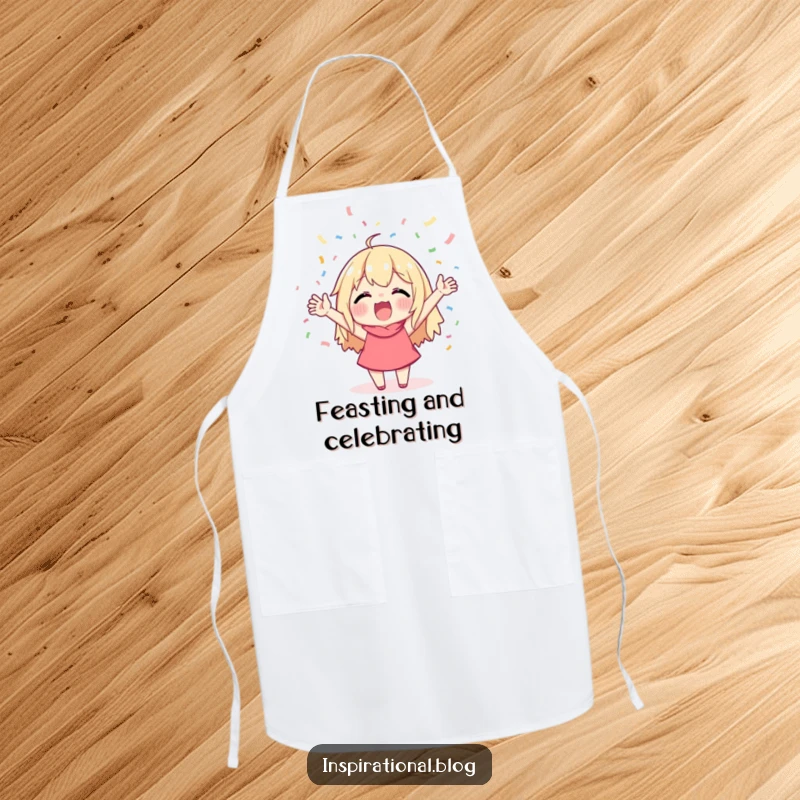 Funny apron with a character cheering enthusiastically with confetti raining down, perfect for cooks who love to celebrate with food.