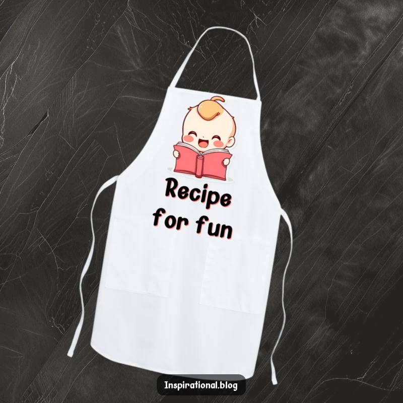 Funny apron showcasing a book character with pages fluttering open, symbolizing excitement for creativity and stories.