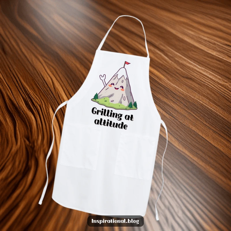 Funny apron with a smiling mountain character cheerfully waving with a small flag, ideal for adventurous cooking.