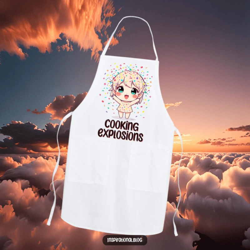 Funny apron showing a character bursting with colorful confetti, perfect for a lively and fun cooking experience.