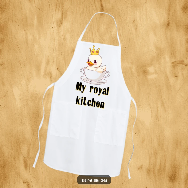 Funny apron featuring a rubber duck wearing a crown, floating on a teacup, perfect for cooking with a touch of royal humor.
