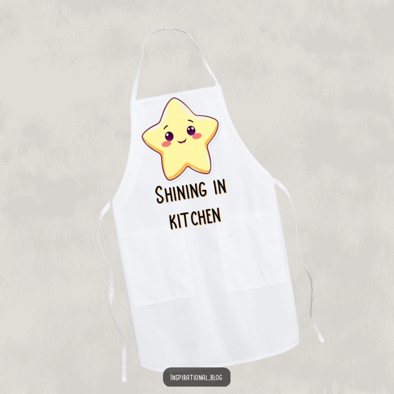 Funny cute star apron showing a cheerful star character shining brightly with a wide grin, ready to add magic to meals.