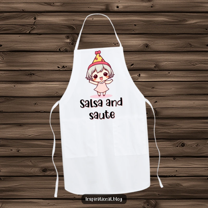Funny apron showing a tiny character doing a silly dance wearing a festive hat, perfect for kitchen fun.