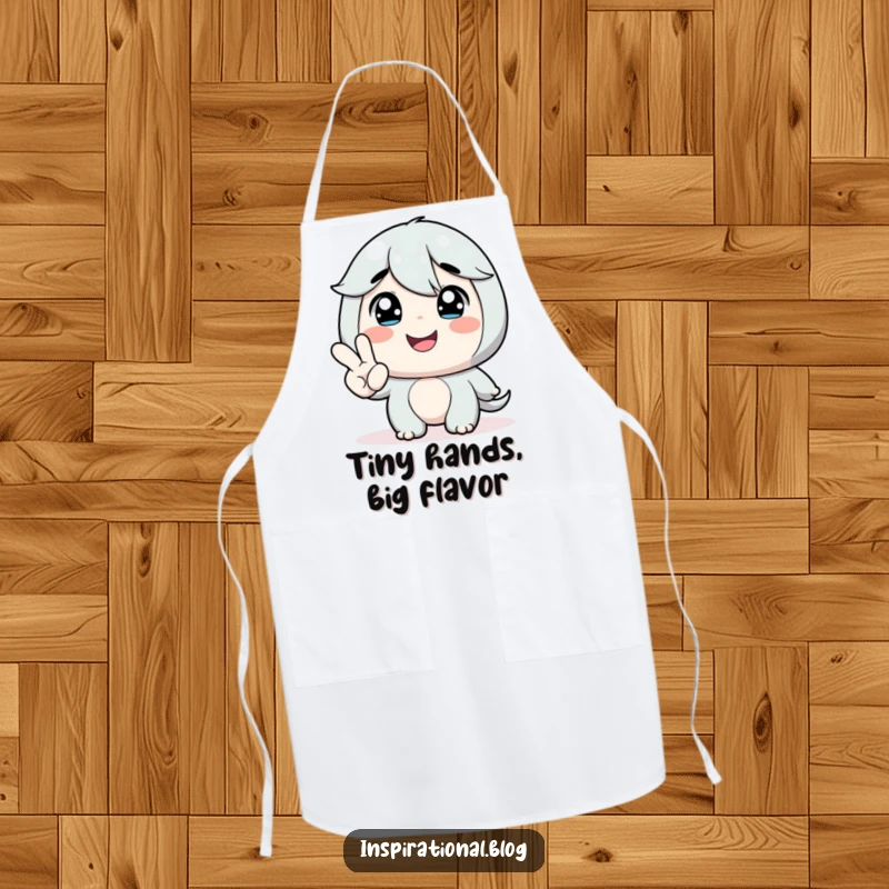 Funny apron with a character smiling at a tiny hand providing encouragement, perfect for cooks who bring positivity to the kitchen.