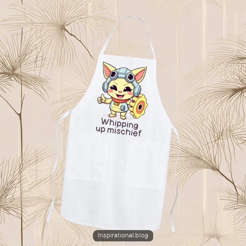 Funny gear character wearing an apron with a mischievous smile, ready for workshop or kitchen tasks.