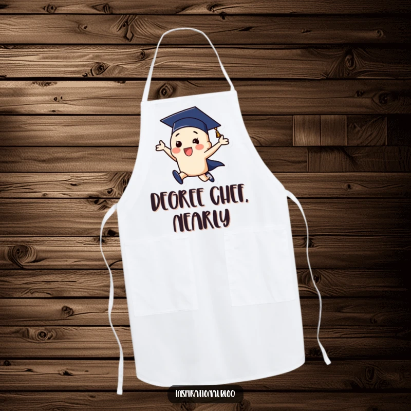 Funny graduation cap character leaping energetically, a humorous apron perfect for celebratory cooking and kitchen fun.