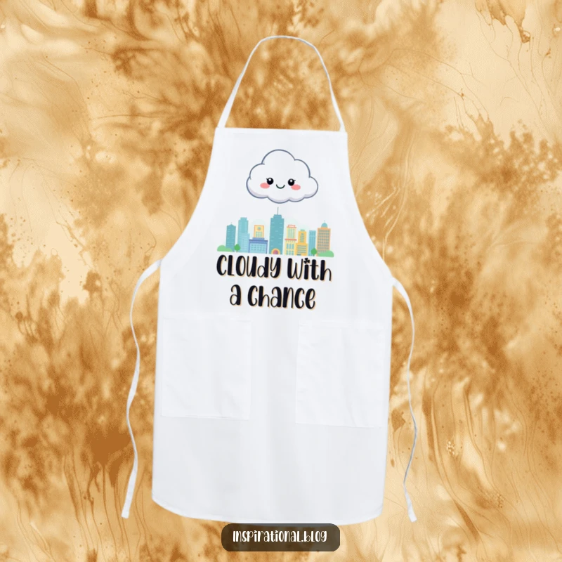 Funny apron featuring a happy cloud character floating above a stylized cityscape, ideal for cooks who bring sunshine to the kitchen.