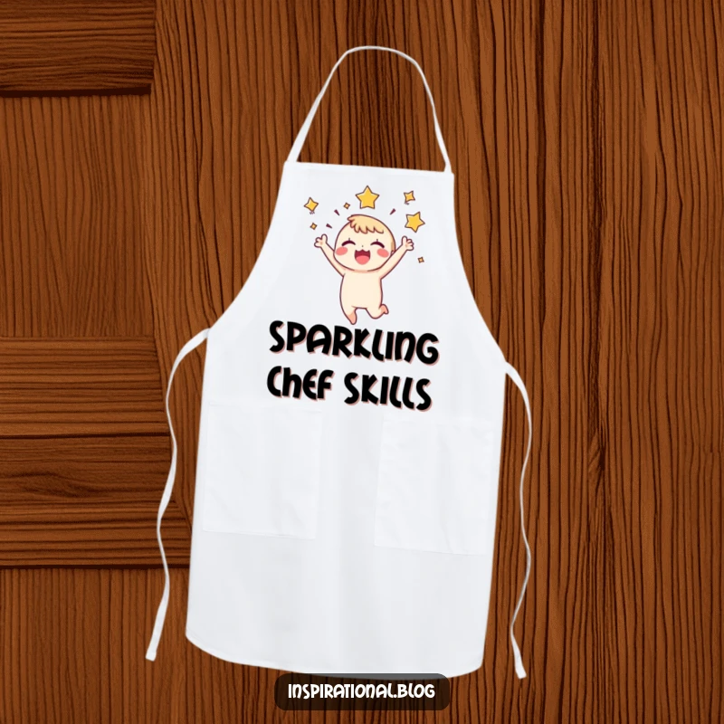 Funny Apron: A tiny character leaps with stars bursting around its head, bringing a joyful and energetic flair to kitchen wear.