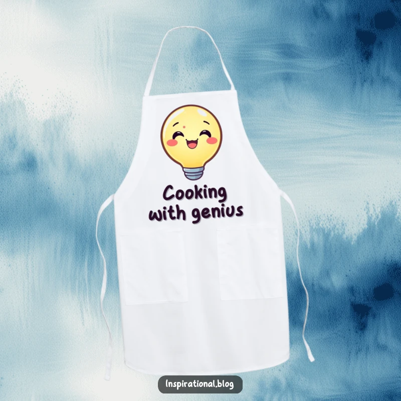 Funny apron featuring a joyful lightbulb character shining brightly, perfect for bringing bright ideas and humor to cooking.