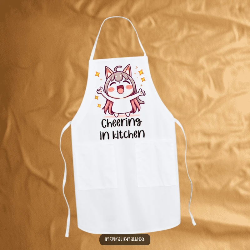 Funny apron featuring a joyful kawaii character cheering loudly, surrounded by radiant starbursts, for spirited cooking.