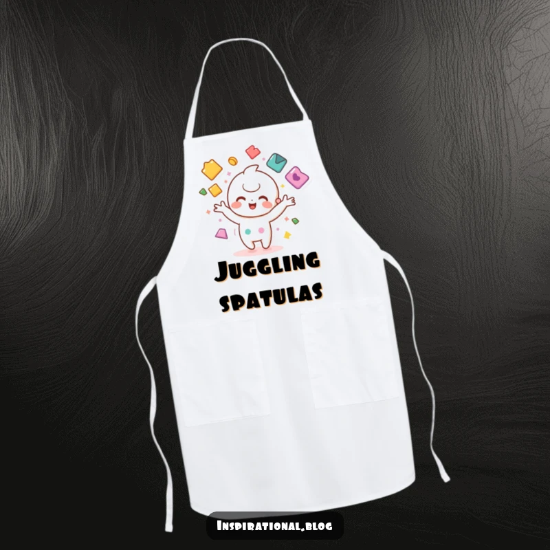 Funny apron featuring a joyful kawaii character juggling colorful shapes, for spirited and colorful cooking.