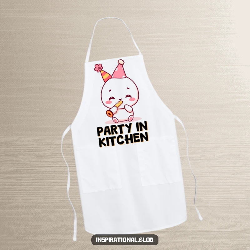 Funny apron featuring a festive kawaii character in a party hat, happily playing a kazoo, for lively cooking.