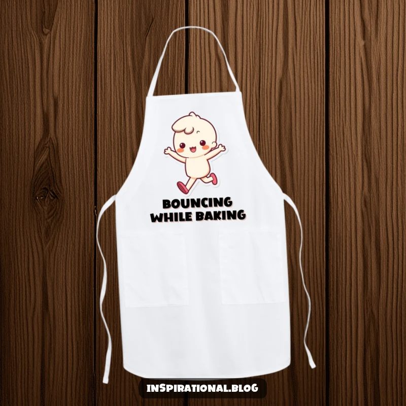 Funny apron featuring a joyful kawaii character skipping with a bouncy step, for spirited and happy cooking.