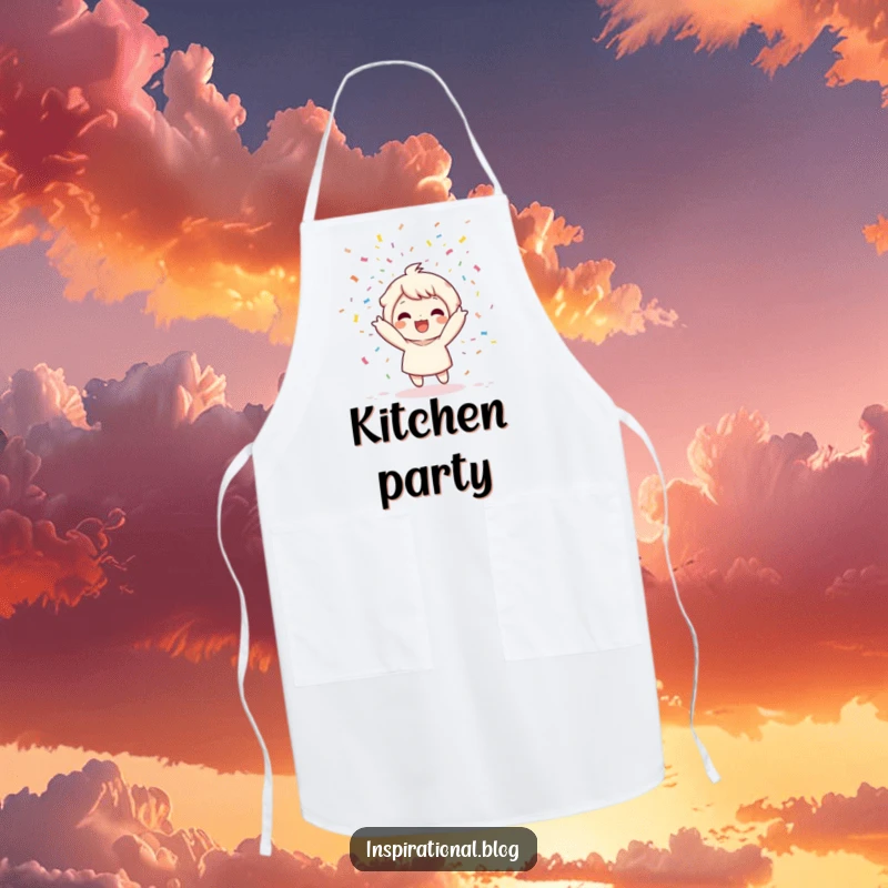 Funny apron with a kawaii character joyfully throwing a confetti bomb, celebrating culinary creations with colorful bursts.