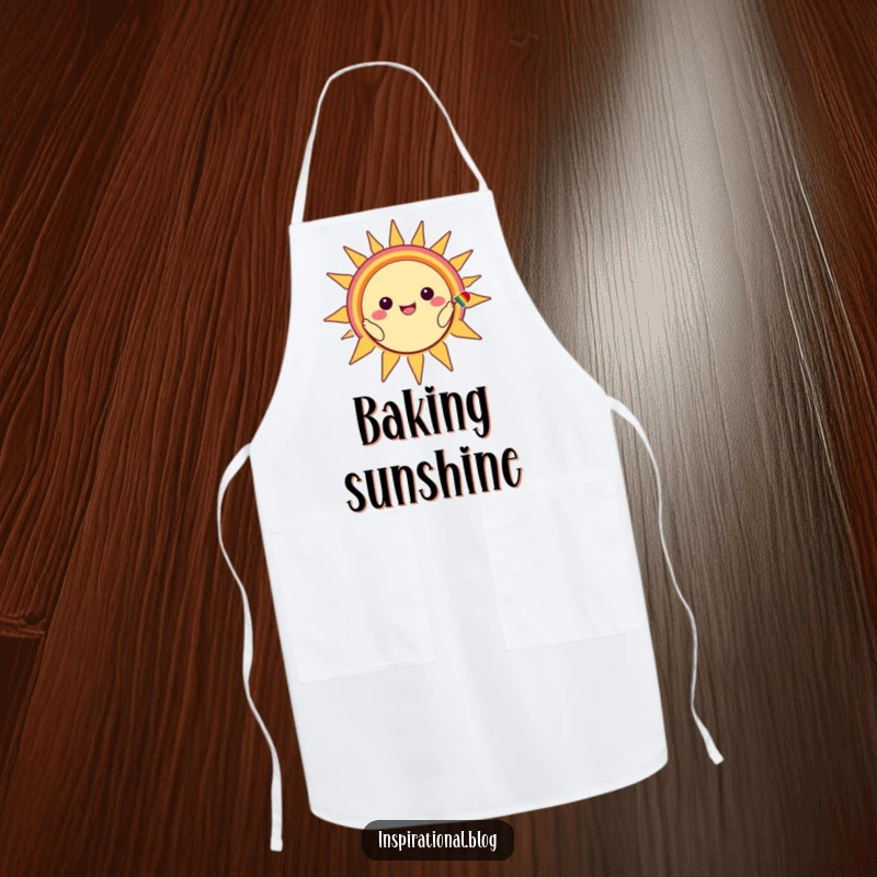 Funny apron featuring a kawaii character painting a rainbow smile on a happy sun, bringing joy to the kitchen.