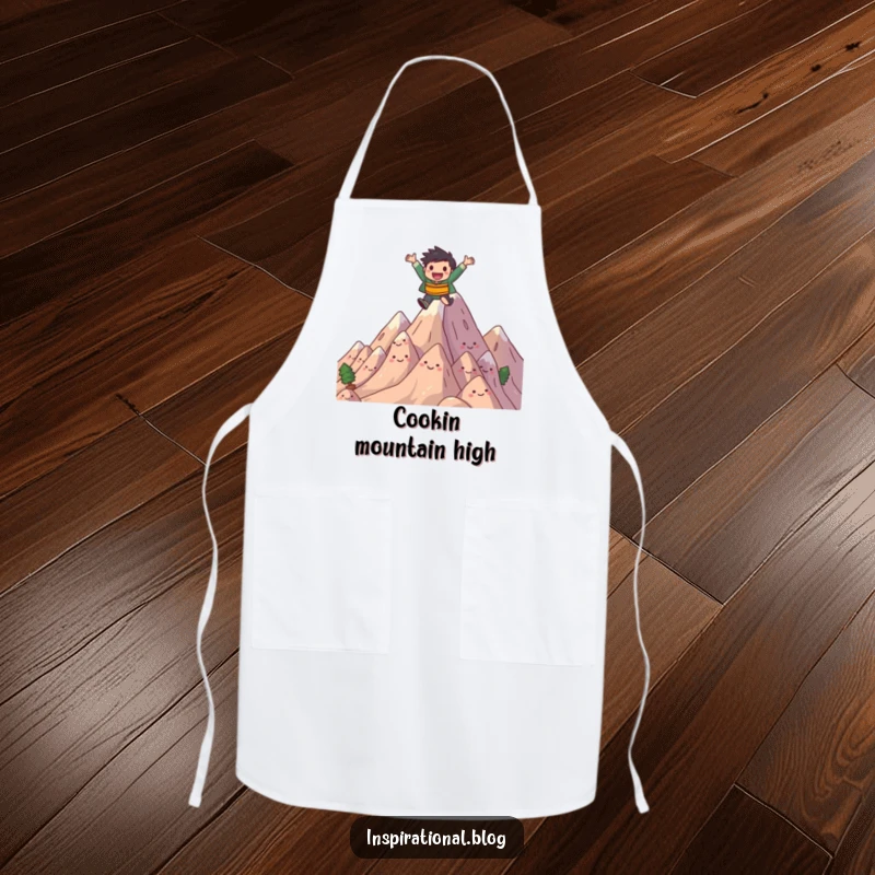Funny apron with a joyful character leaping over smiling, stylized mountains. Fun for the adventurous cook.