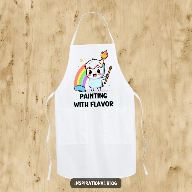 Funny Apron with a playful paintbrush character painting a vibrant rainbow, perfect for keeping clothes clean with a splash of colorful fun.