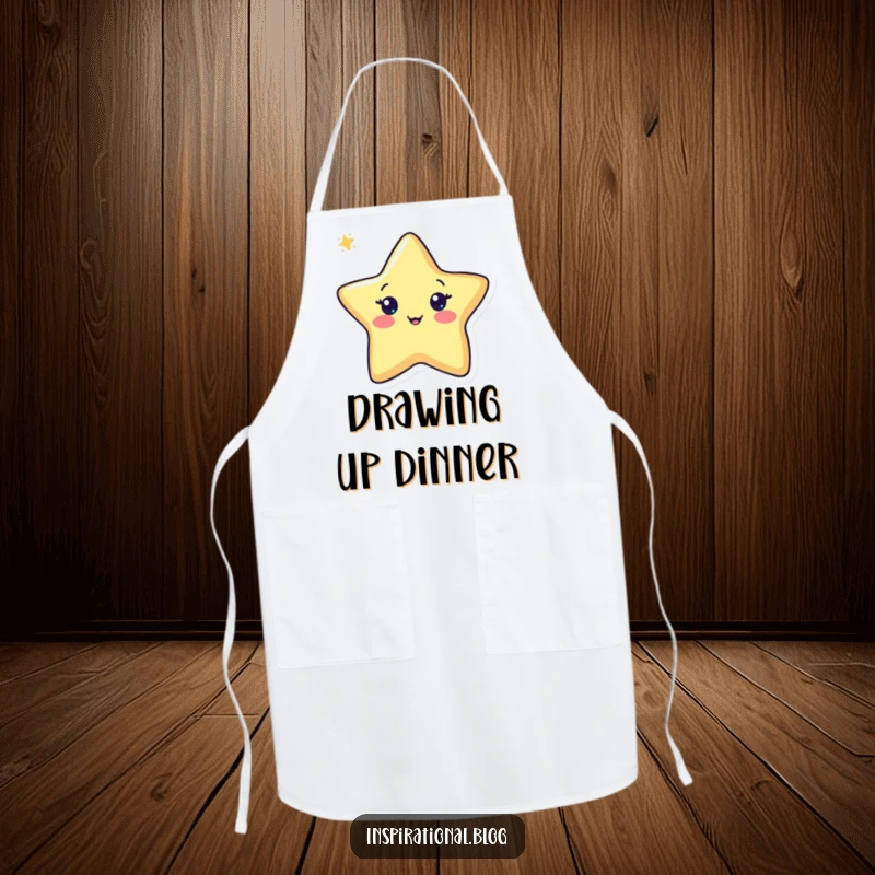 Funny pen apron showing a cheerful pen character drawing a star, adding a cute and humorous touch to any creative or kitchen activity.