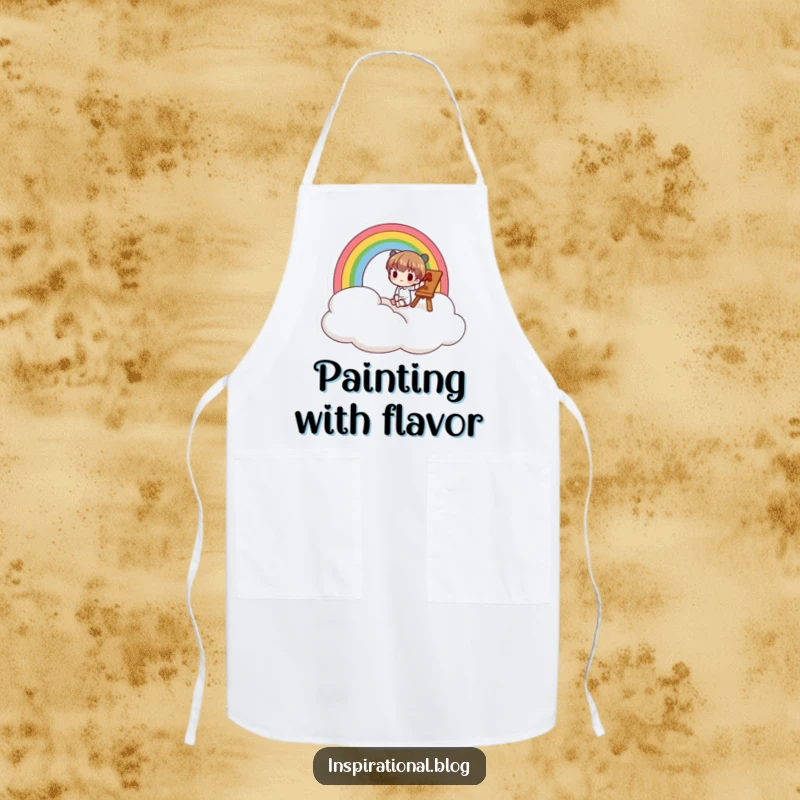 Funny apron showing a character painting a rainbow on a cloud, designed for messy and creative fun.