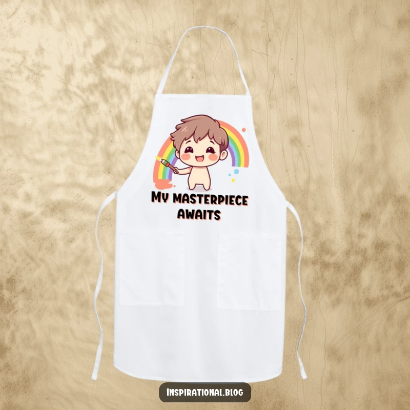Funny character painting a rainbow on a canvas, depicted on an apron, perfect for artists and messy creators.