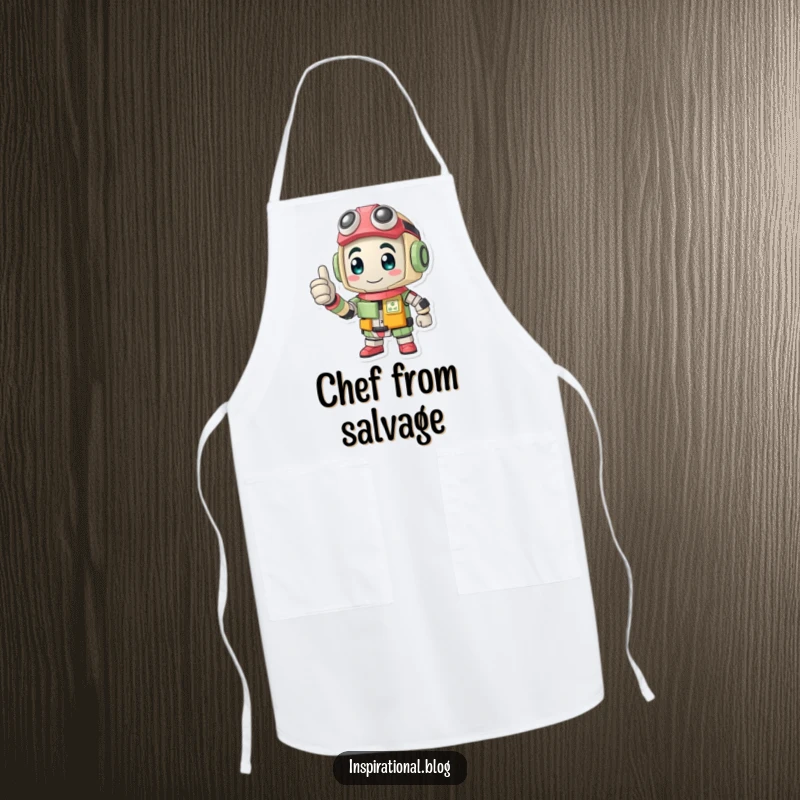 Funny apron depicting a determined character assembled from recycled parts, giving an encouraging thumbs-up.