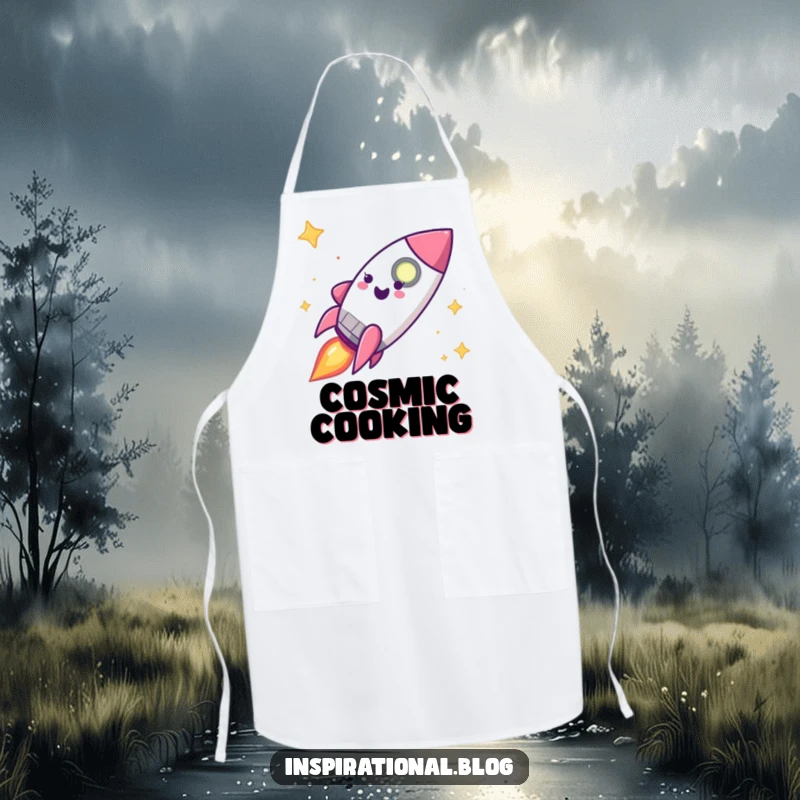 Funny happy rocket ship character on an apron, ready for kitchen missions and fun.