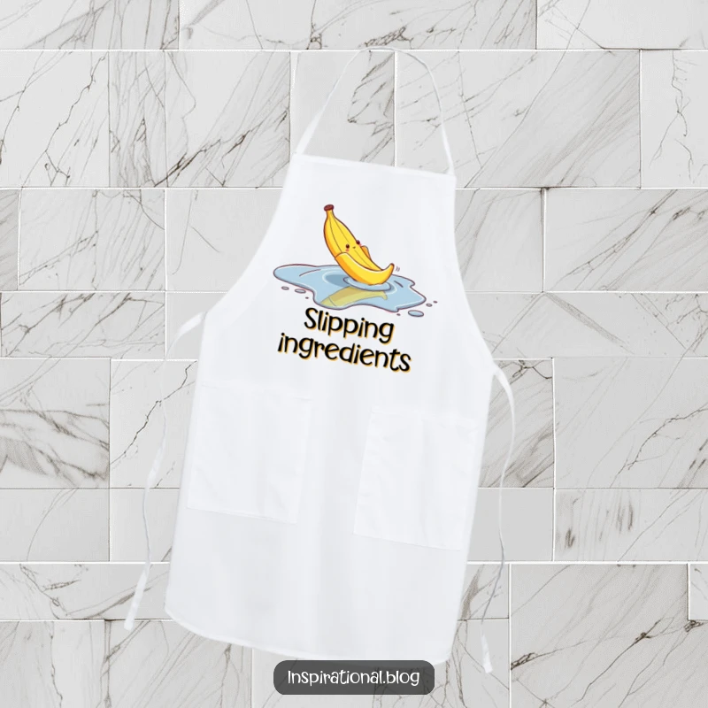 Funny apron depicting a banana peel comically slipping on a puddle, perfect for cooking with a touch of hilarious slapstick.
