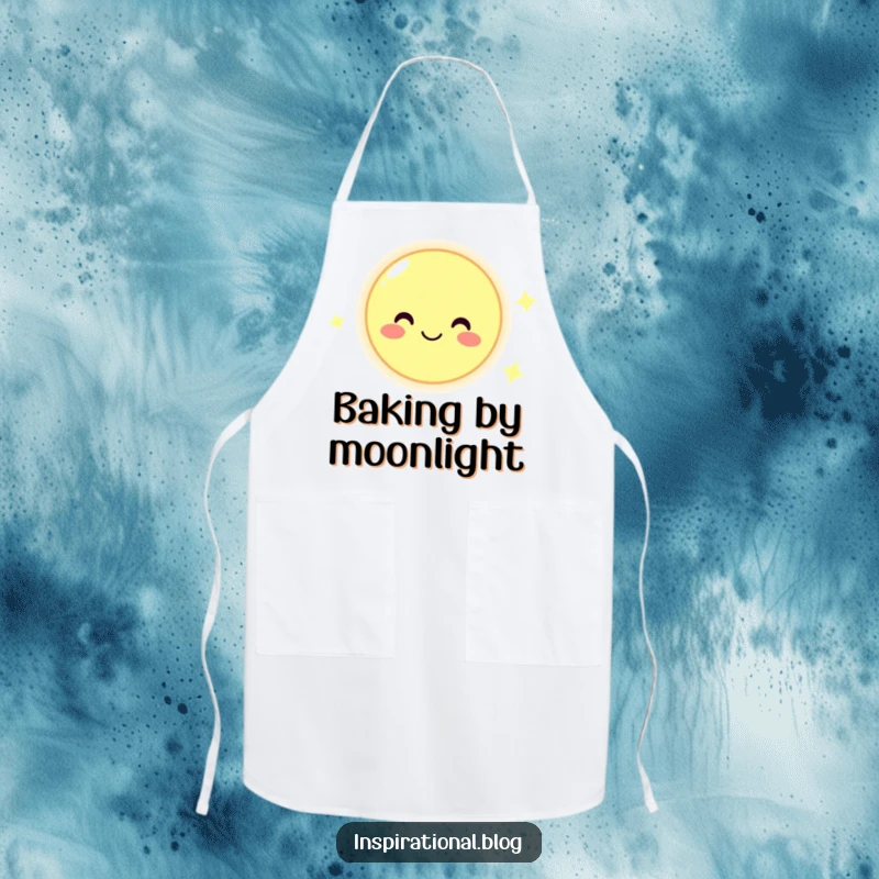 Funny apron featuring a smiling moon character, bringing celestial cheer and humor to kitchen adventures and cooking.