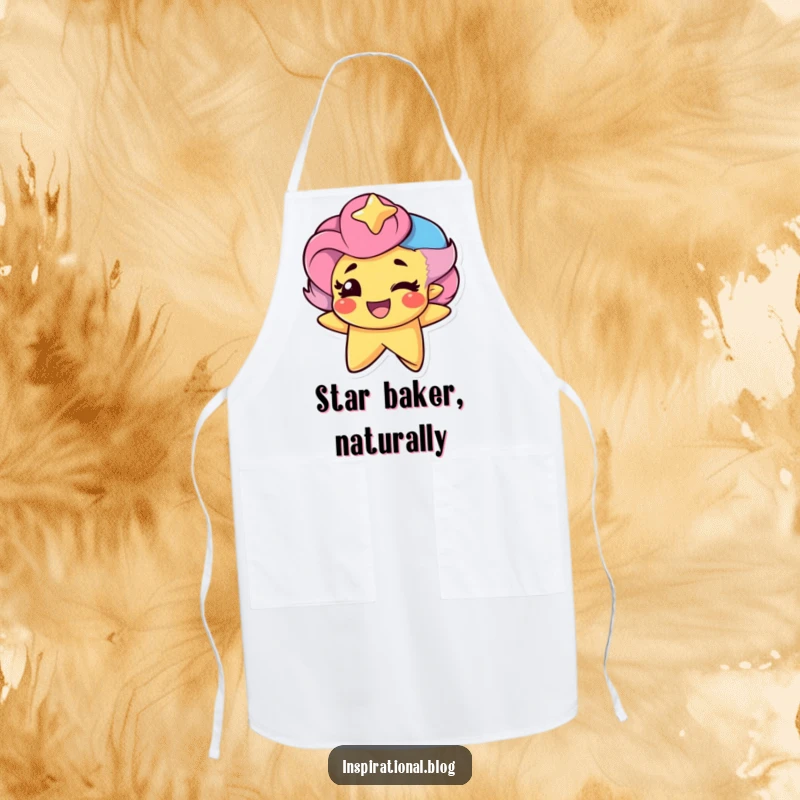 Funny Star Character winking proudly on a kitchen apron, perfect for adding celestial humor to cooking sessions.