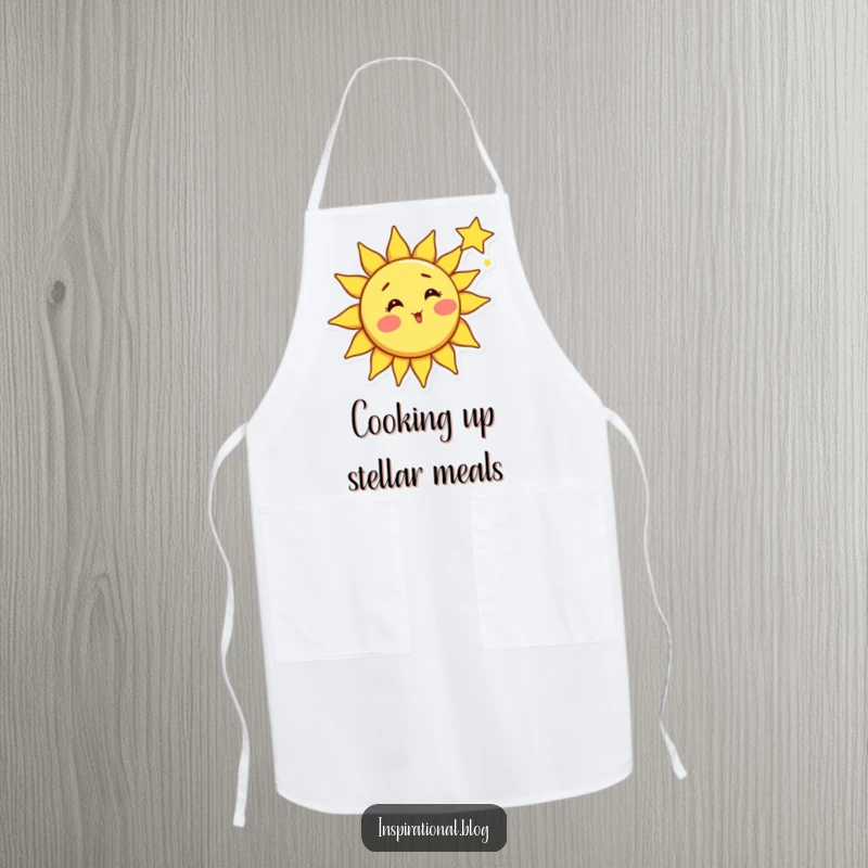 Funny sun apron, bright sun character with rosy cheeks surprised by a shooting star, whimsical celestial art, kitchen wear.