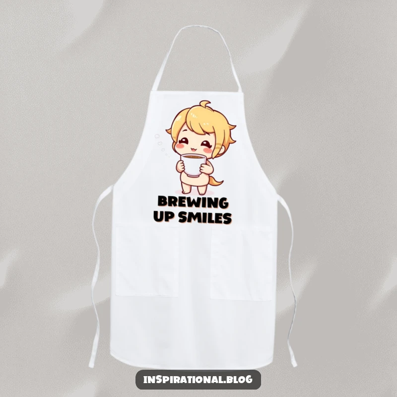 Funny apron showing a cheerful character offering a cup of tea, perfect for a warm and welcoming kitchen.