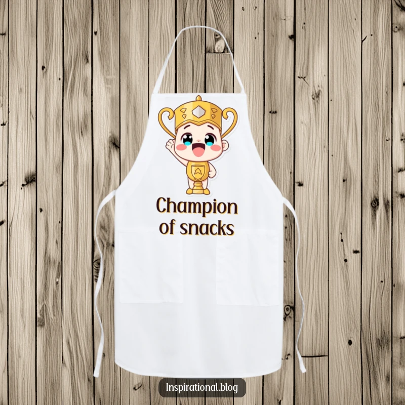 Funny trophy character beaming with pride, a humorous apron for celebrating kitchen victories and culinary success.