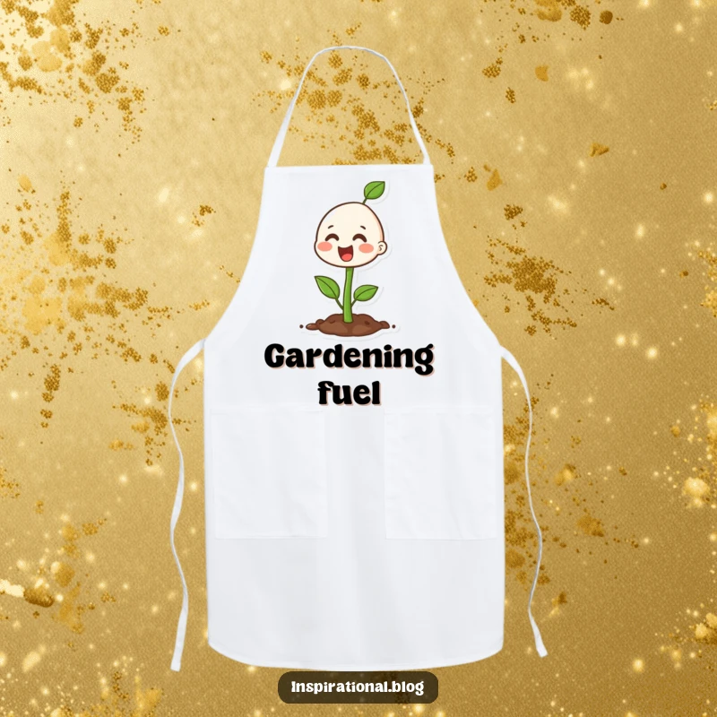 Funny happy seedling character on an apron, celebrating growth in the kitchen.