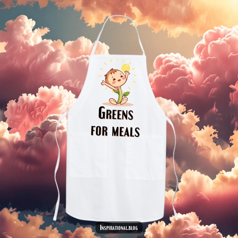 Funny seedling character stretching towards the sun while wearing an apron, ready for kitchen tasks, bringing cheer.